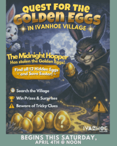 graphic describing the Quest for the Golden Eggs event; the graphic has two bunnies and golden eggs