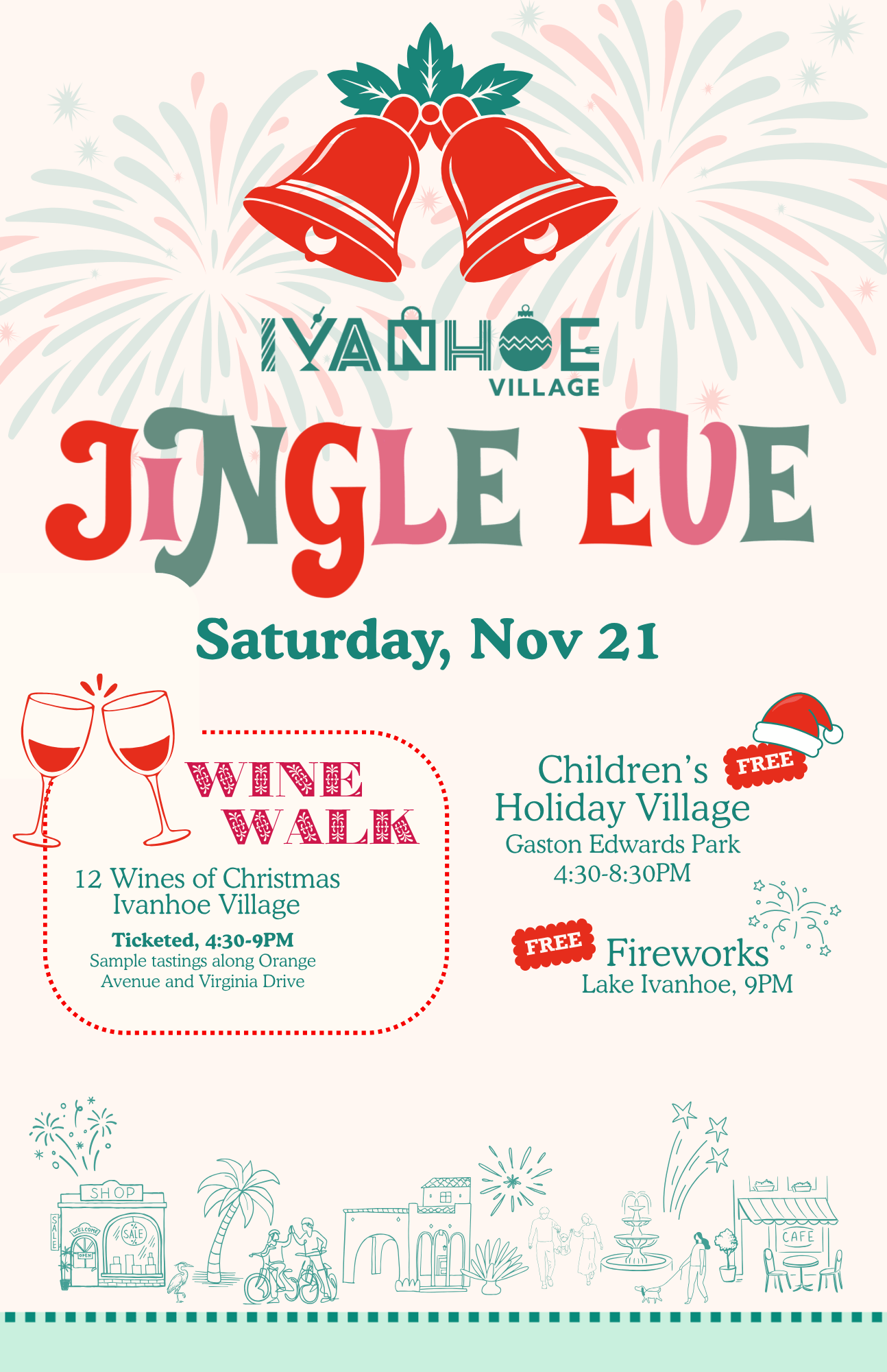Jingle Eve 2026 poster, describing the event will take place on November 21st with a ticketed wine walk and free children's village with fireworks